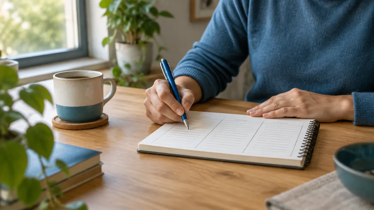 Manos anotando pensamientos y preguntas equilibradas en un cuaderno durante una pausa reflexiva