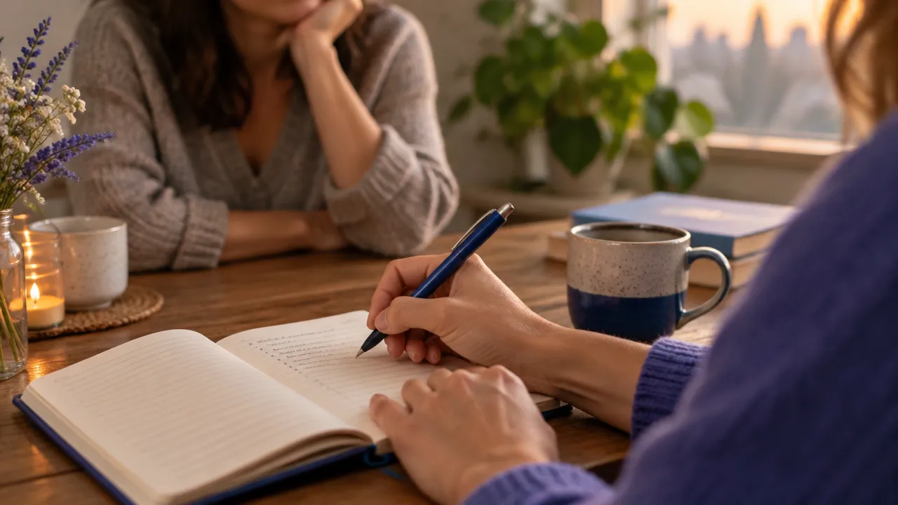 Manos anotando reflexiones de gratitud y fortalezas en un cuaderno durante una conversación tranquila