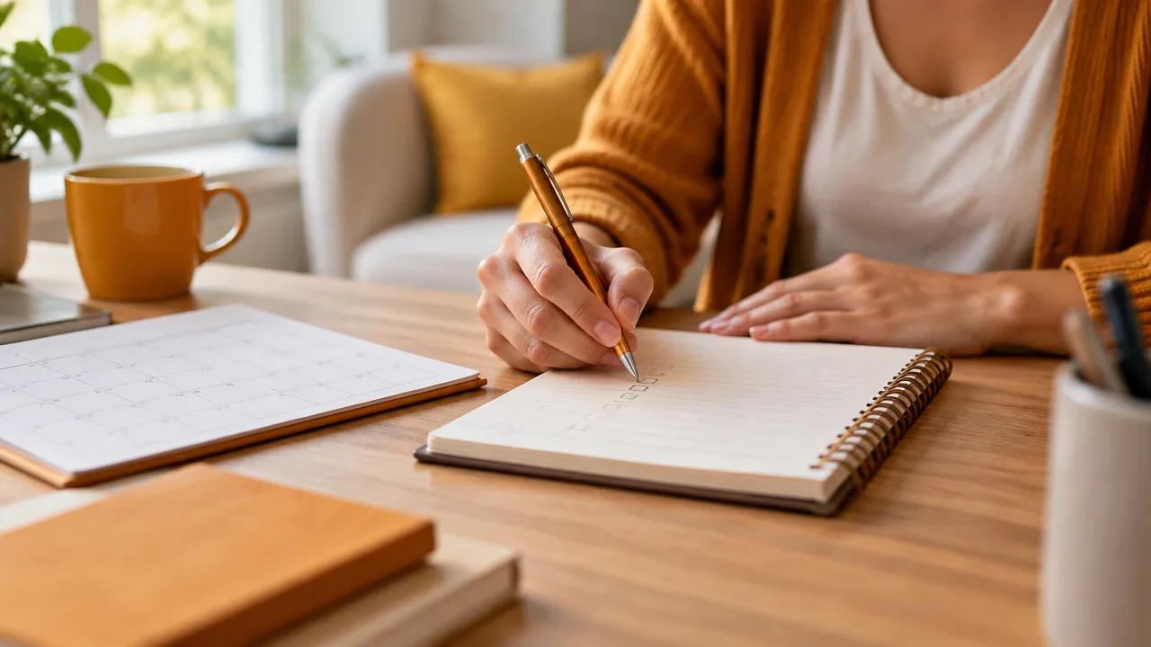 Manos anotando una acción pequeña y repetible en un cuaderno para crear un hábito