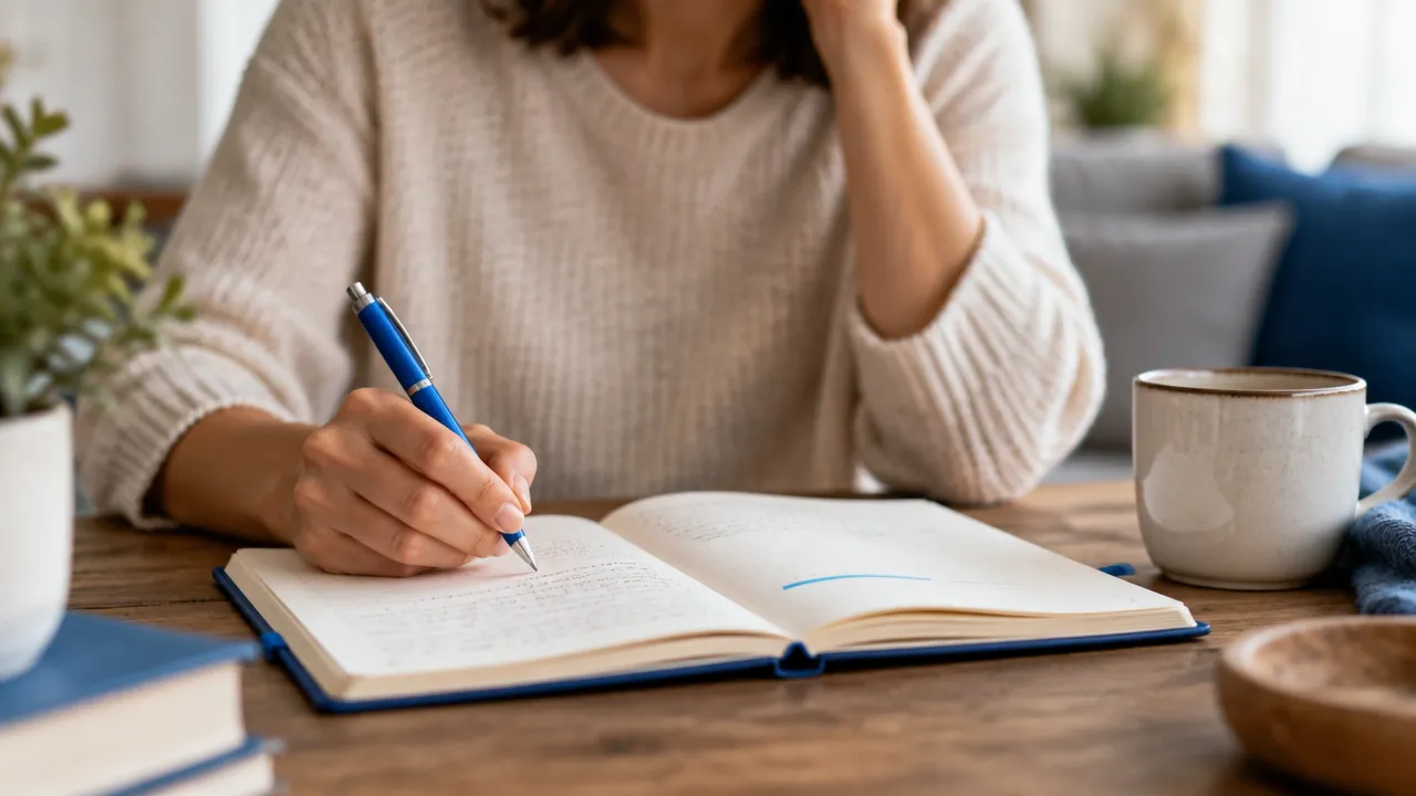 Manos anotando y revisando pensamientos en un cuaderno para transformar la autocrítica en una observación útil.