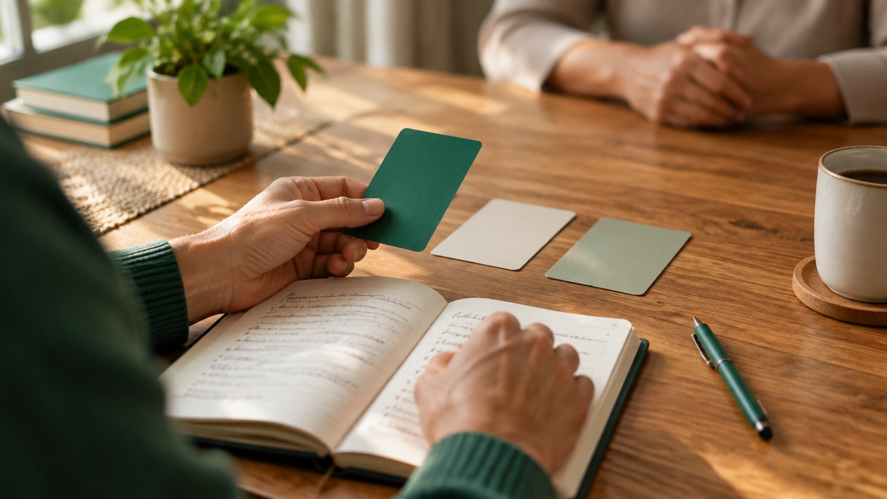 Manos comparan opciones en un cuaderno mientras consideran cómo afecta la decisión a otra persona