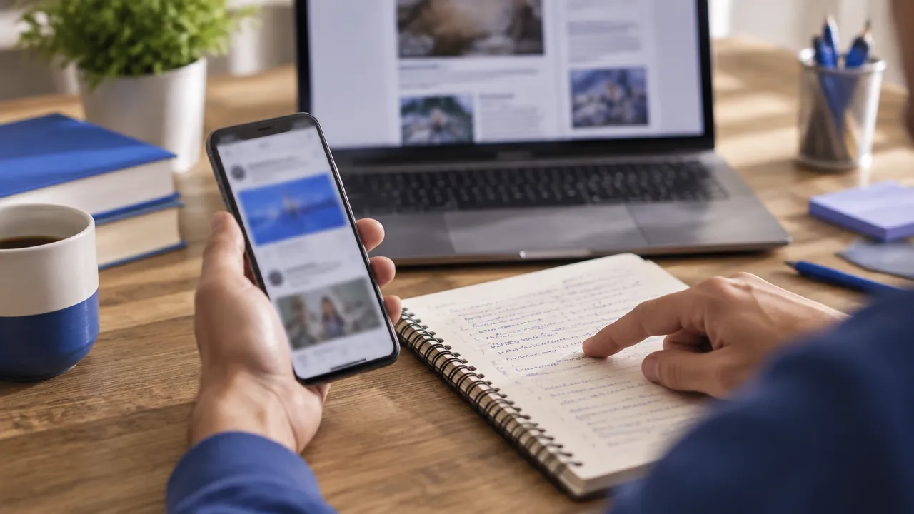 Manos comparando una noticia del teléfono con notas en un cuaderno antes de compartirla