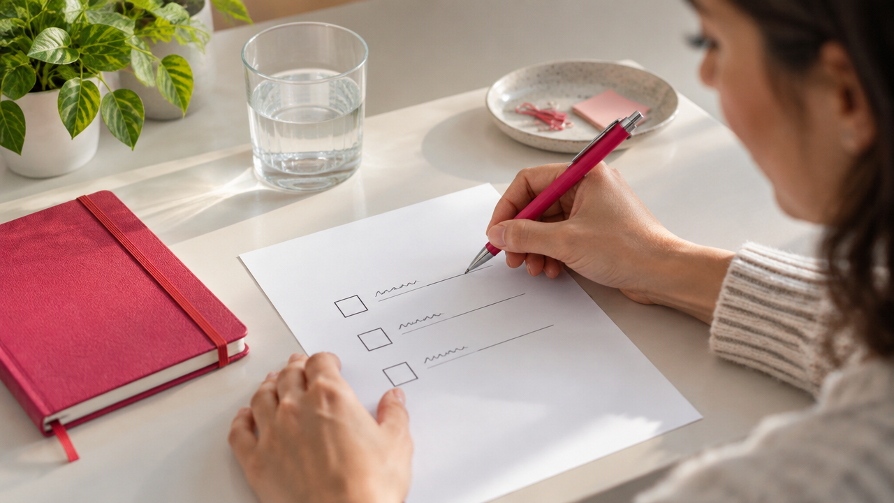 Manos completando una lista de evaluación emocional antes de tomar una decisión