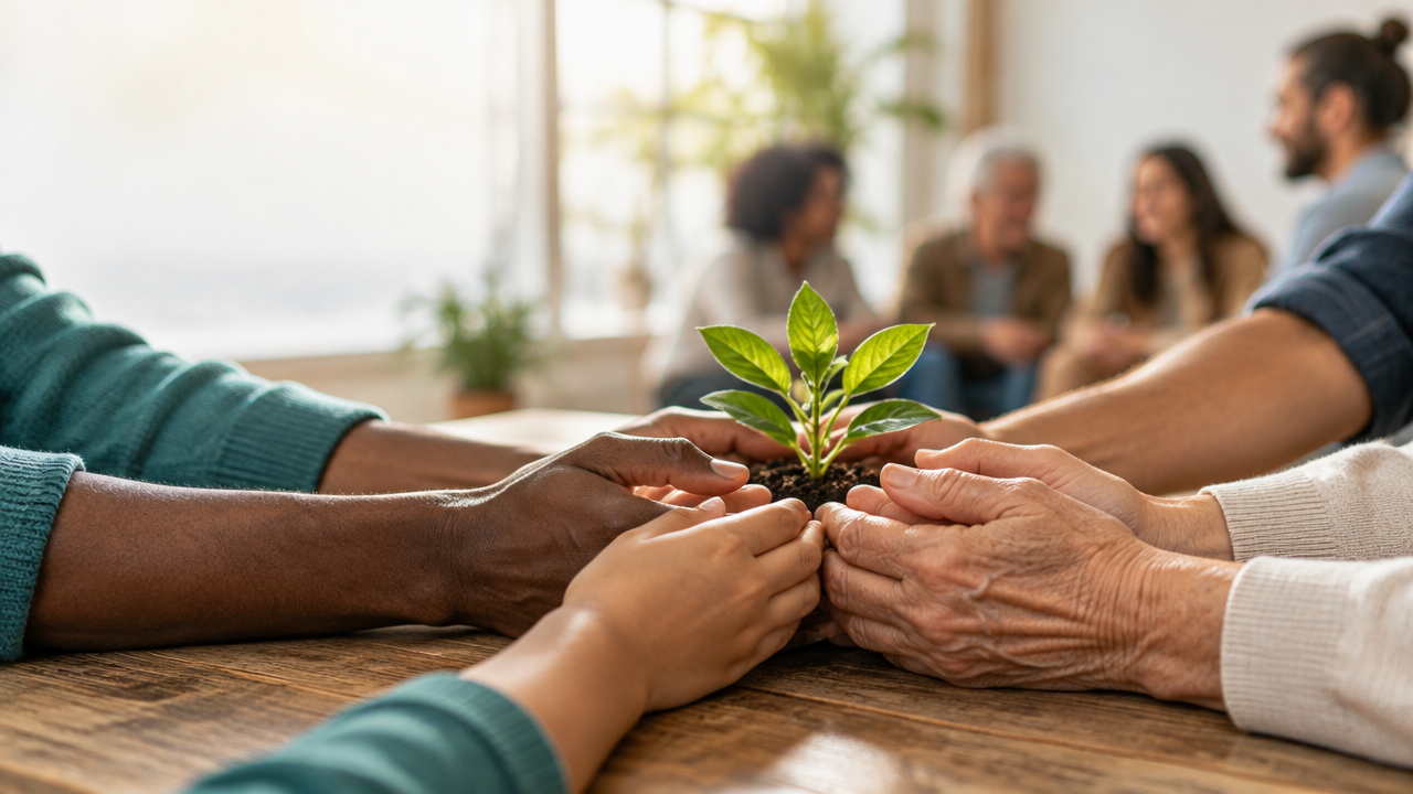 Manos diversas reunidas alrededor de una planta, símbolo de dignidad, cuidado y protección de los derechos humanos