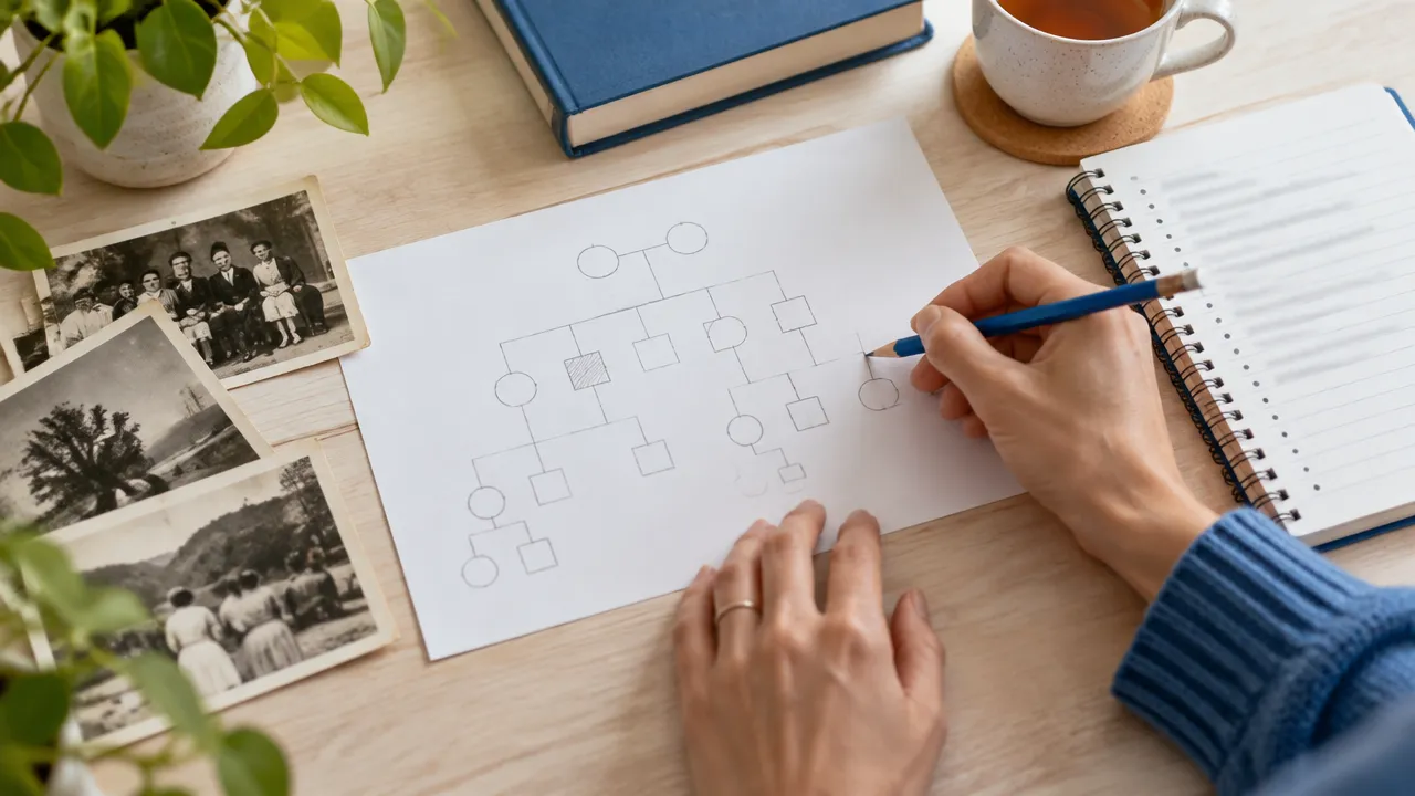 Manos elaboran un diagrama familiar sencillo para observar patrones entre generaciones