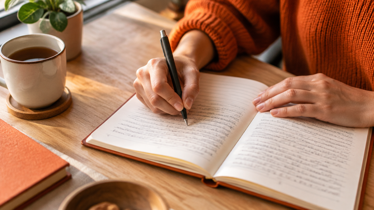 Manos escriben en un cuaderno durante un ejercicio de reflexión para ordenar emociones y reconocer límites