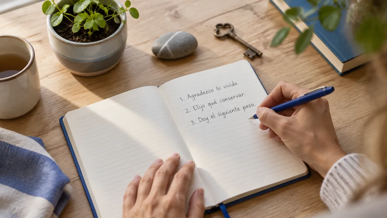 Manos escriben en un cuaderno junto a una llave y una planta para simbolizar el cierre y el comienzo de una etapa