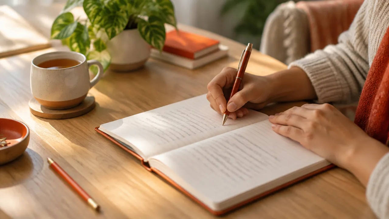 Manos escribiendo en un cuaderno durante un ejercicio de reflexión para extraer aprendizajes de una herida