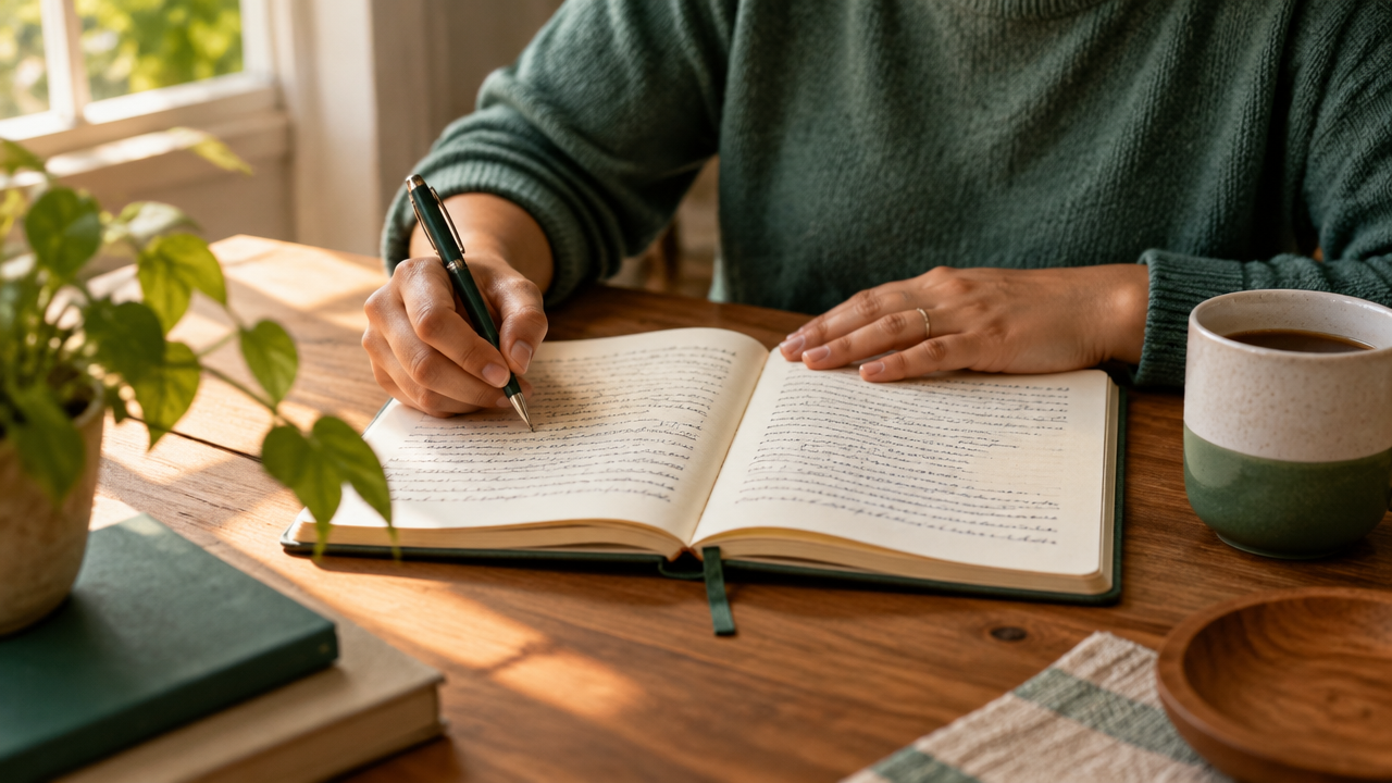 Manos escribiendo en un cuaderno durante una práctica tranquila de autoobservación y gratitud