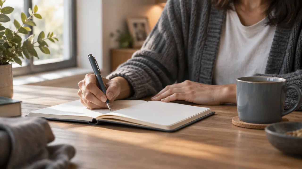 Manos escribiendo en un cuaderno una reflexión amable para afrontar un error con mayor comprensión