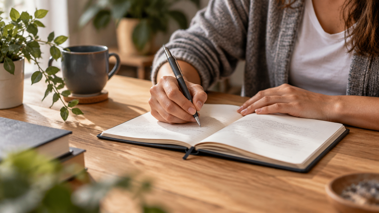Manos escribiendo en un diario de reflexión durante una práctica cotidiana de bienestar