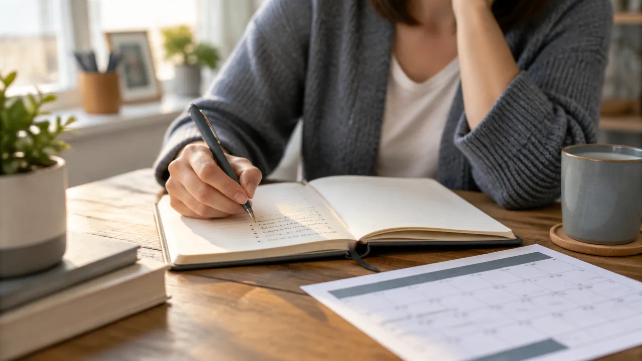 Manos escribiendo en un diario para ordenar emociones y reconstruir una rutina después de perder el empleo