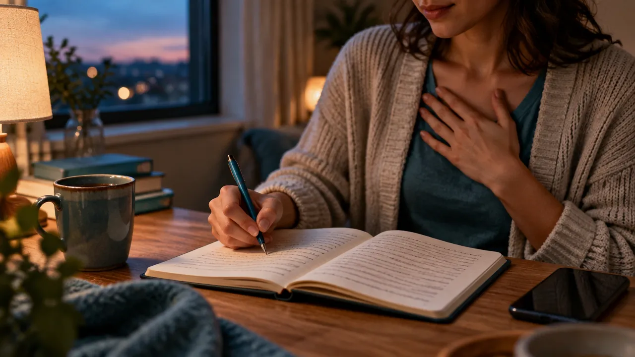 Manos escribiendo una breve revisión emocional en un diario durante la rutina nocturna