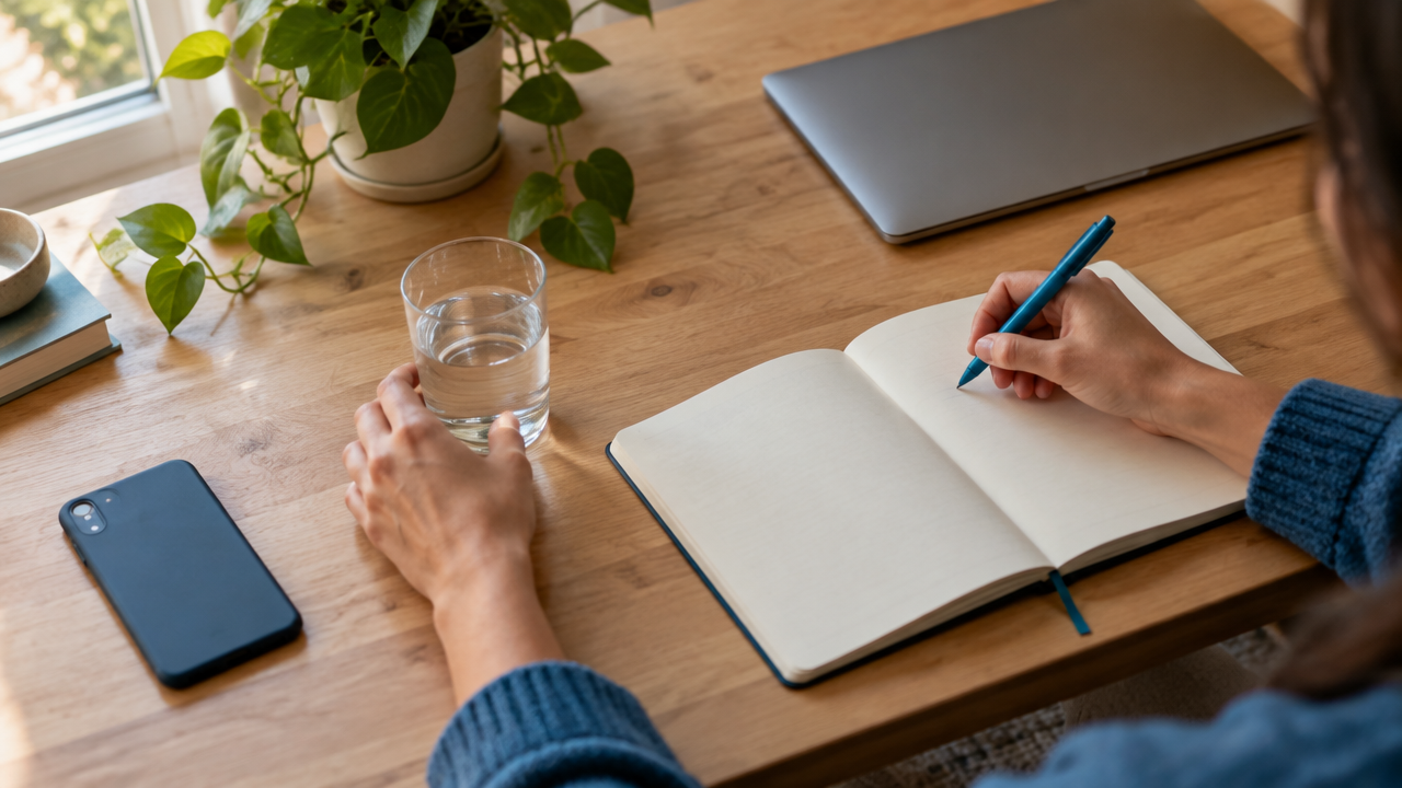 Manos escribiendo una intención en un cuaderno junto a un vaso de agua antes de trabajar