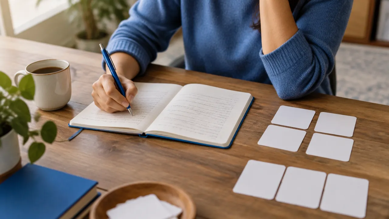 Manos ordenando tarjetas y escribiendo en un cuaderno para reconocer valores y prioridades personales