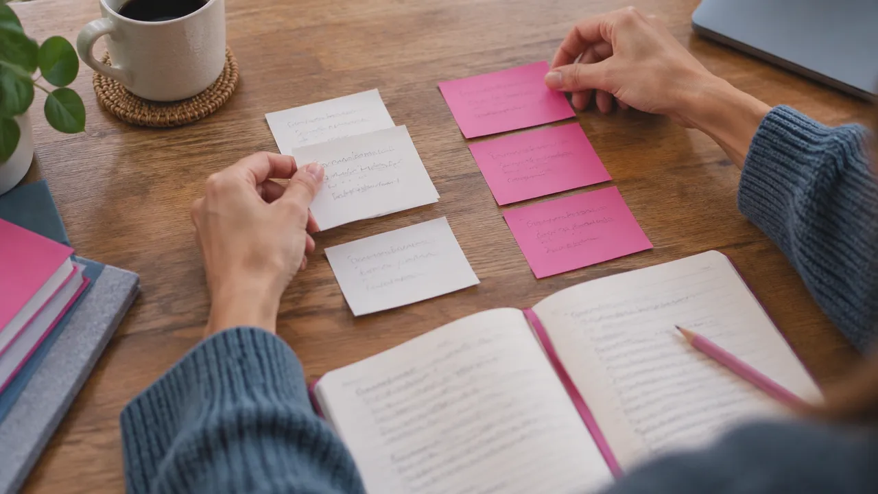 Manos organizando notas y tarjetas para examinar una creencia con evidencia