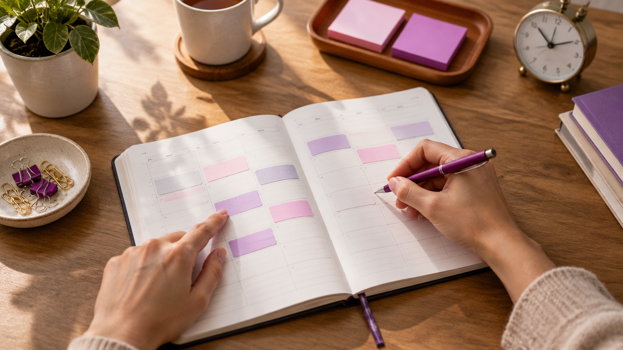 Manos organizando prioridades y acciones semanales en una agenda abierta
