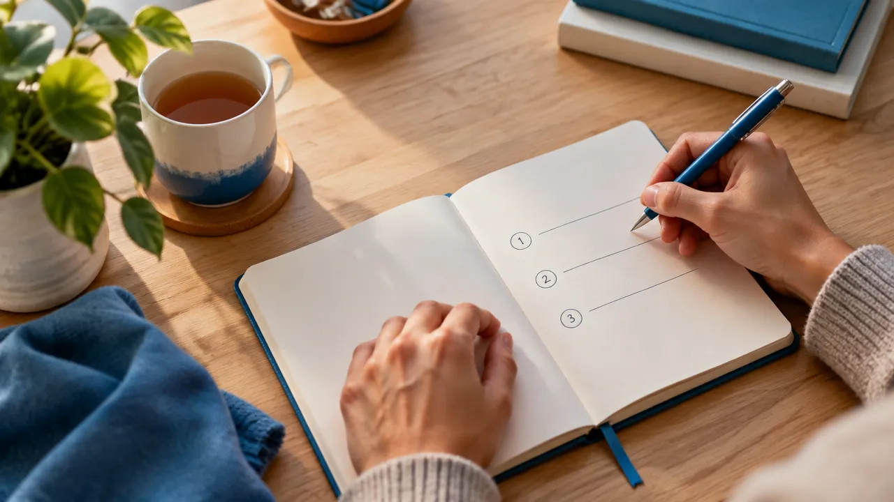 Manos que completan un ejercicio de escritura para transformar pensamientos repetitivos en pasos concretos