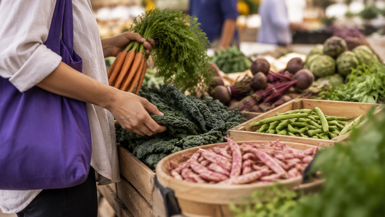Manos que eligen verduras de temporada en un mercado para una compra consciente