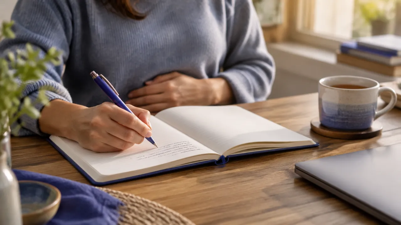 Manos que escriben en un cuaderno para observar pensamientos, emociones y sensaciones físicas