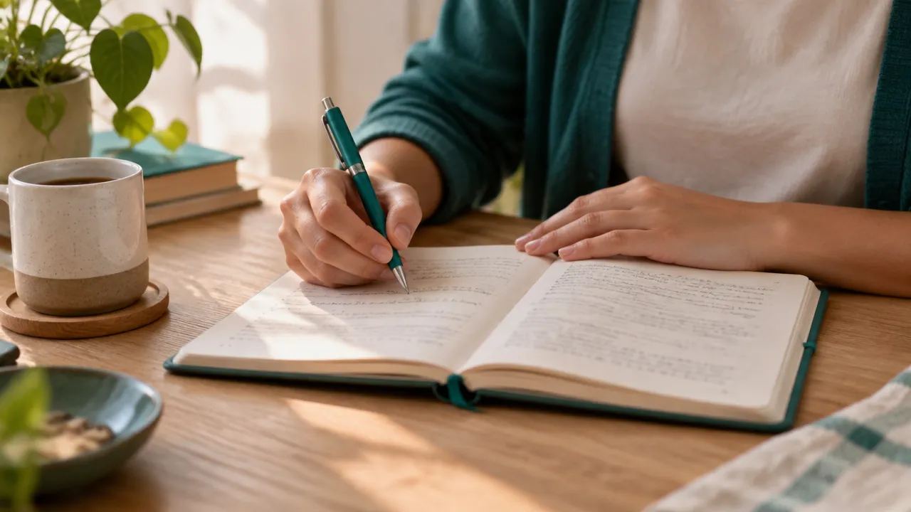 Manos registrando en un cuaderno pensamientos y evidencias para practicar una autoevaluación más equilibrada