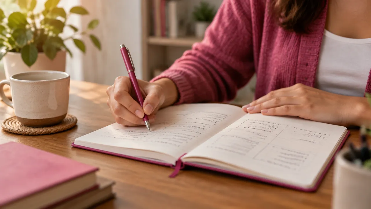 Manos registrando un pensamiento y sus evidencias en un cuaderno