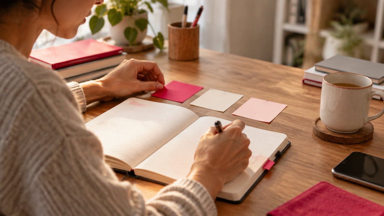 Manos revisan tareas y prioridades en un cuaderno para encontrar fuentes de energía y sentido profesional