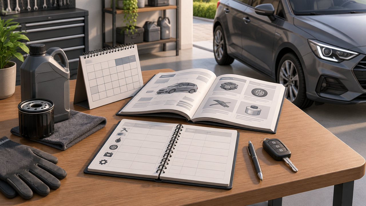 Manual do proprietário e registro de manutenção organizados para planejar a revisão do carro