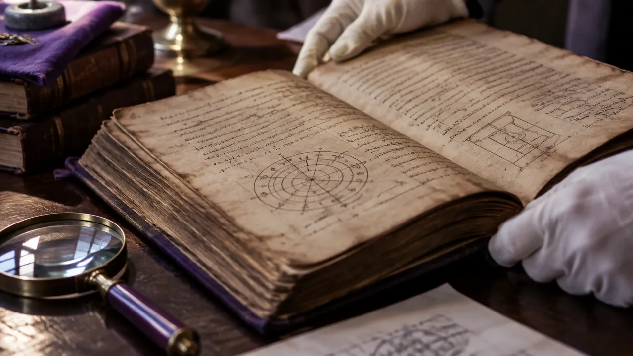 Manuscrito antigo aberto sendo examinado em uma mesa de pesquisa histórica