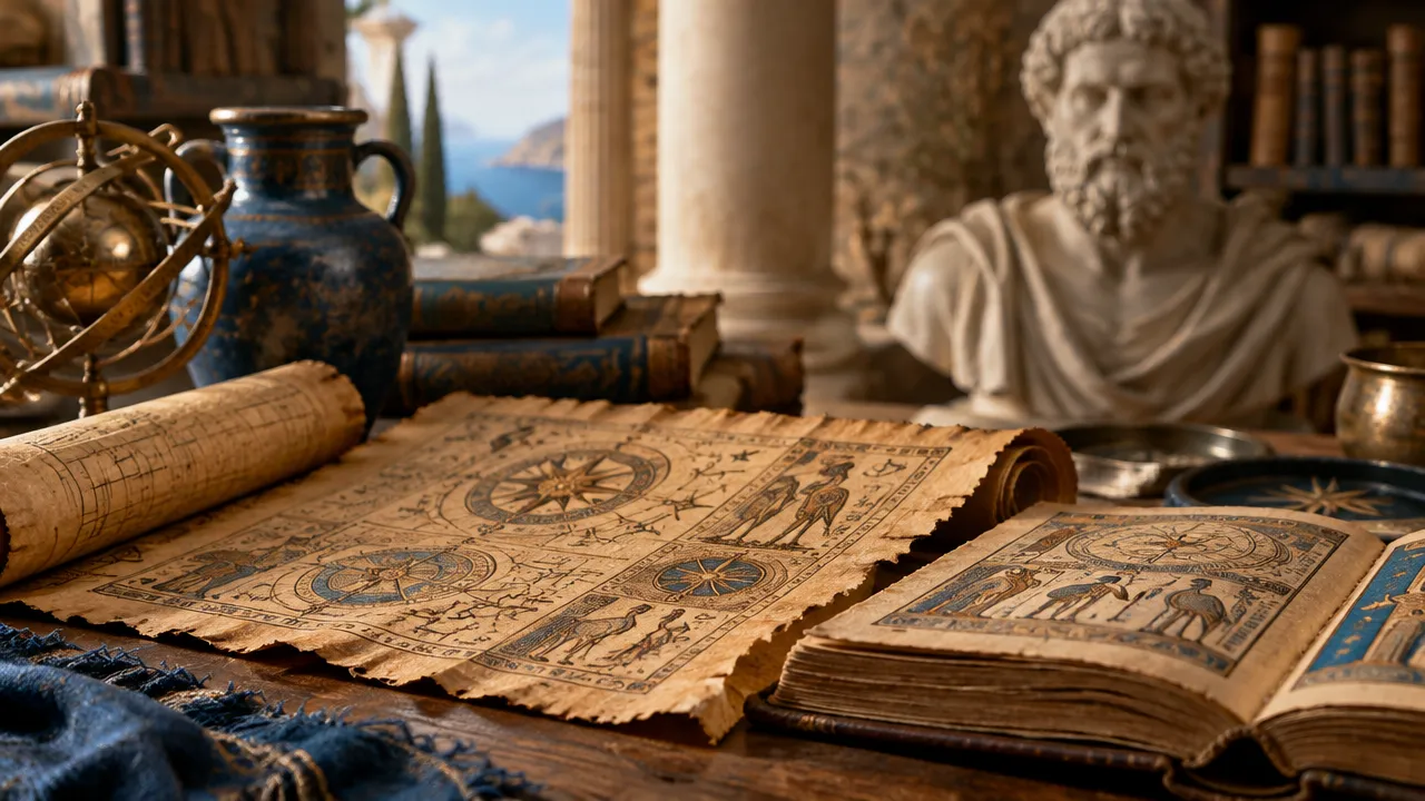 Manuscrito antigo e busto clássico em uma cena que representa a história dos textos herméticos