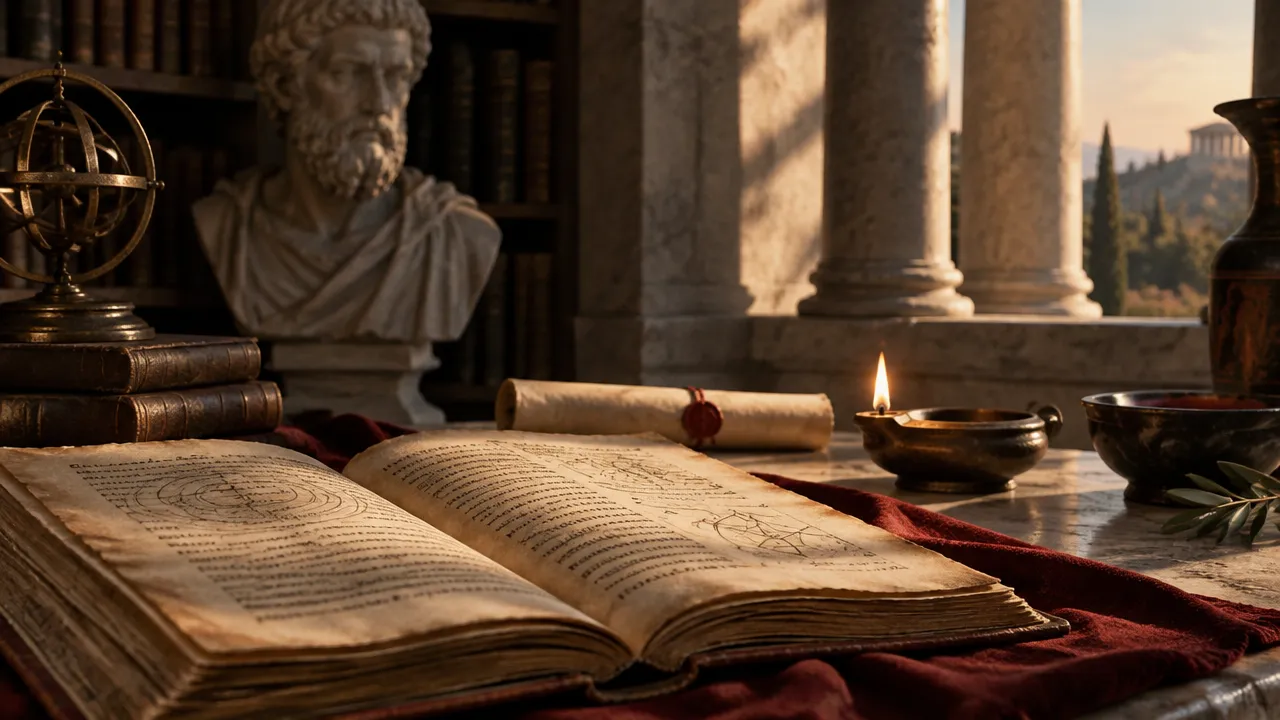 Manuscrito antigo e lamparina em ambiente clássico, representando o estudo filosófico da teurgia