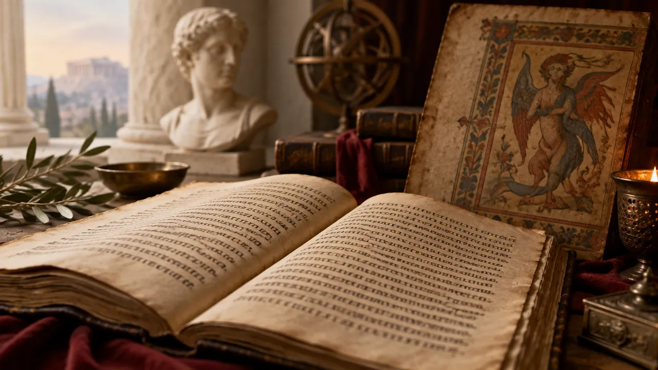 Manuscrito grego e página medieval lado a lado, ilustrando a transformação histórica das ideias sobre espíritos.