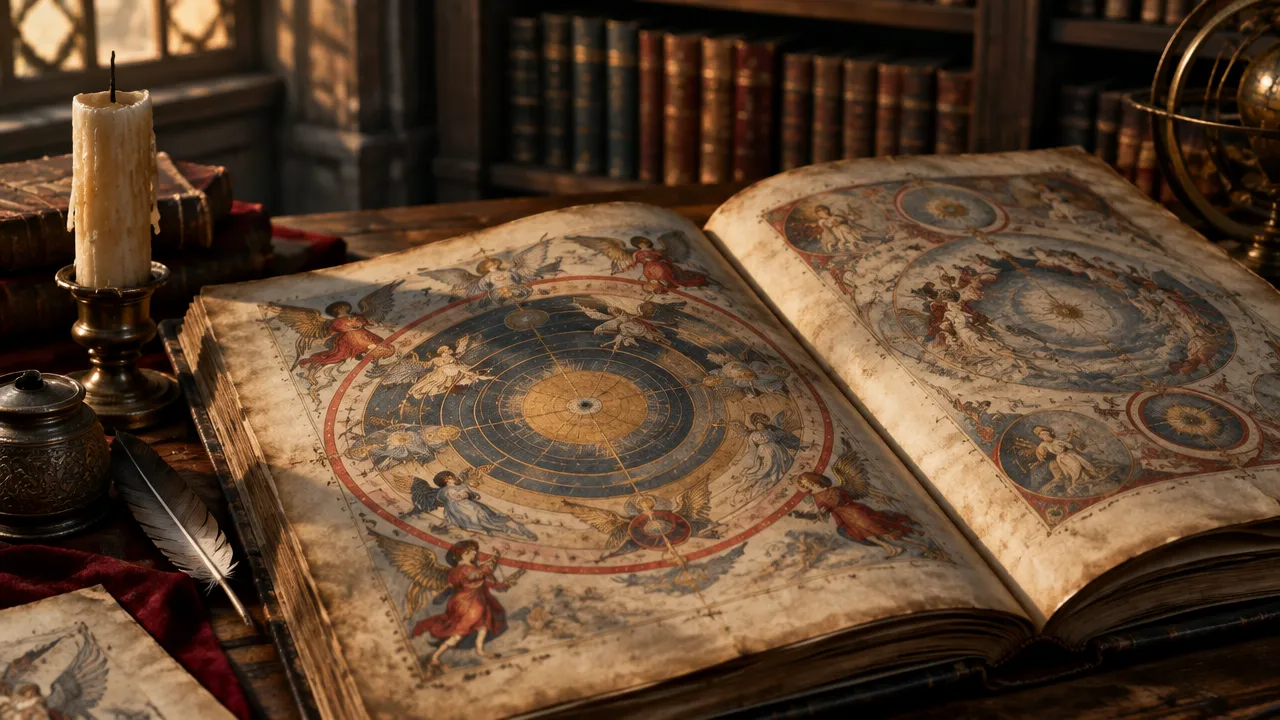 Manuscrito histórico com iconografia celeste, representando a construção teológica das hierarquias angelicais.