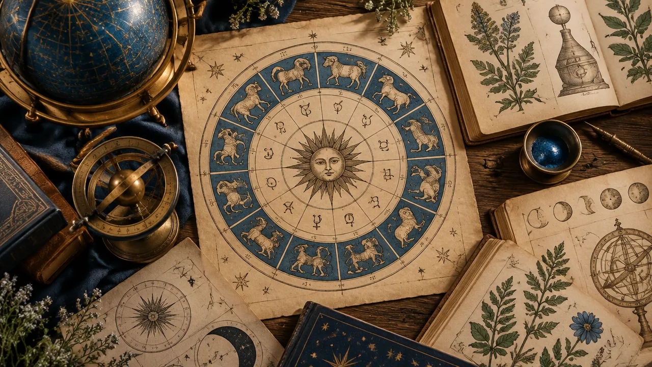 Manuscrito histórico com roda zodiacal, símbolos planetários e ilustrações botânicas para contextualizar a astrologia médica