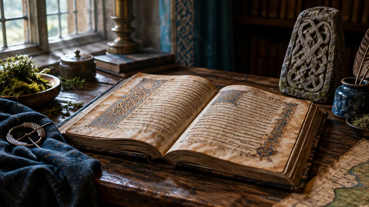 Manuscrito medieval aberto ao lado de uma escultura com entrelaçados, representando o registro escrito das tradições celtas.