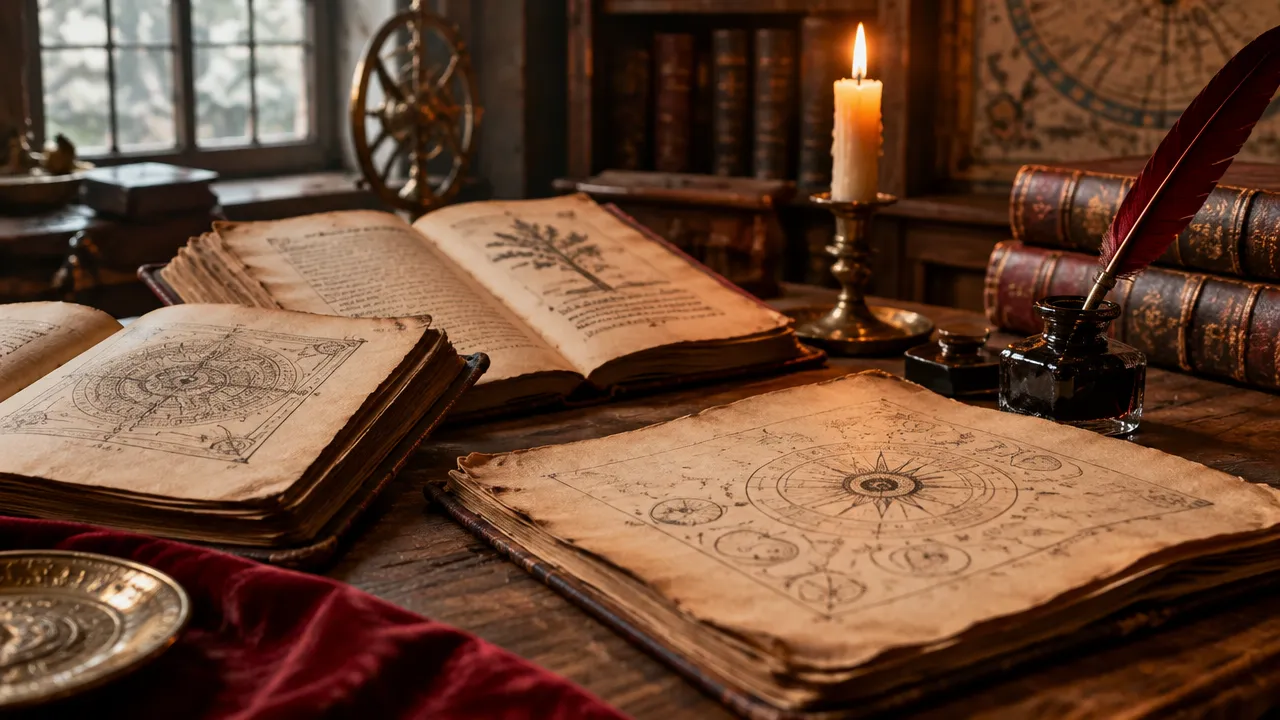 Manuscritos antigos e folhetos sobre uma mesa de madeira, representando os textos rosacruzes do século XVII.