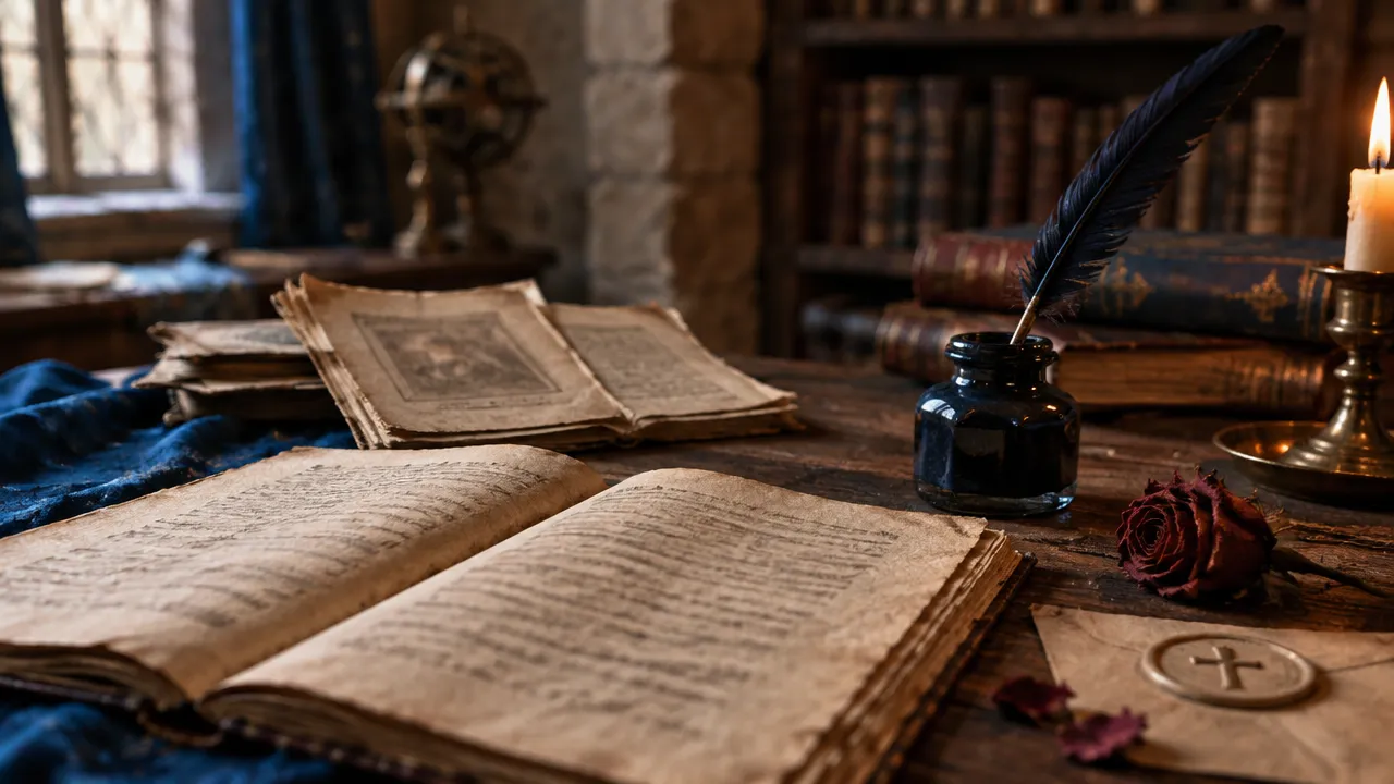Manuscritos e folhetos antigos sobre uma mesa de estudo, evocando os primeiros textos rosacruzes