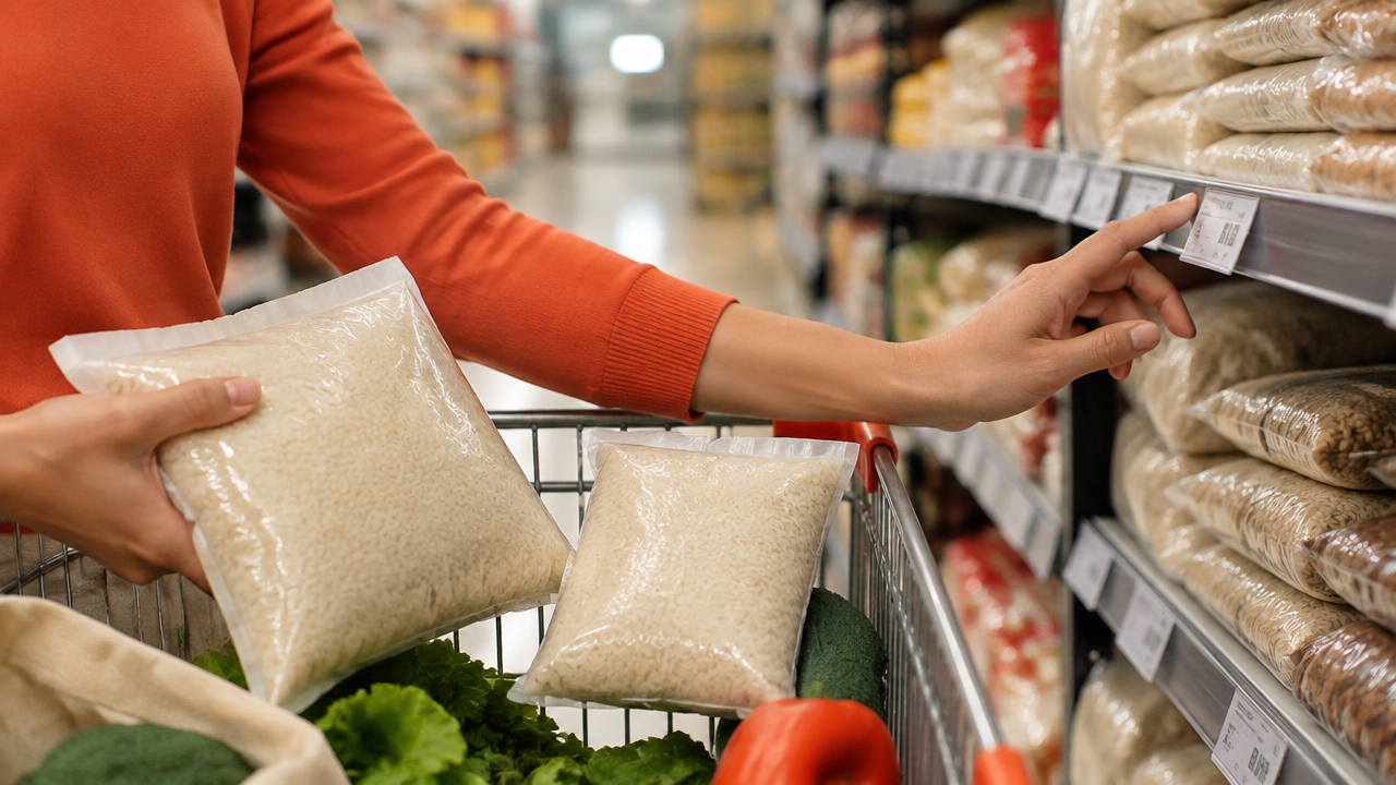 Mão comparando embalagens de arroz e etiquetas de preço no supermercado para escolher uma alternativa econômica