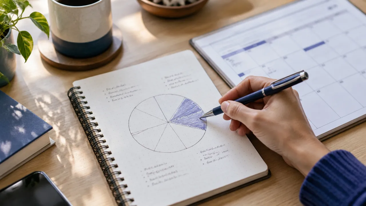 Mão escolhendo uma prioridade em um caderno com um círculo de autoavaliação e um calendário semanal