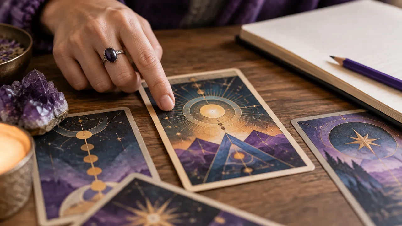 Mão examinando os símbolos geométricos e as cores de uma carta de tarot durante um estudo.