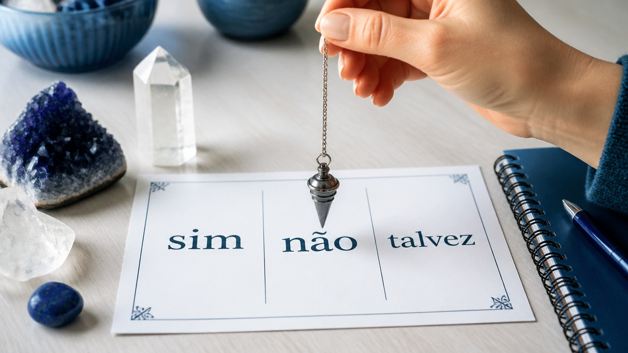 Mão segurando pêndulo acima de cartão com respostas sim, não e talvez.