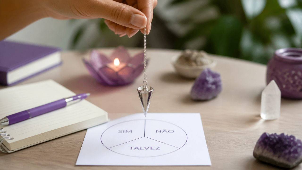 Mão usando pêndulo metálico sobre gráfico simples de respostas em uma mesa organizada