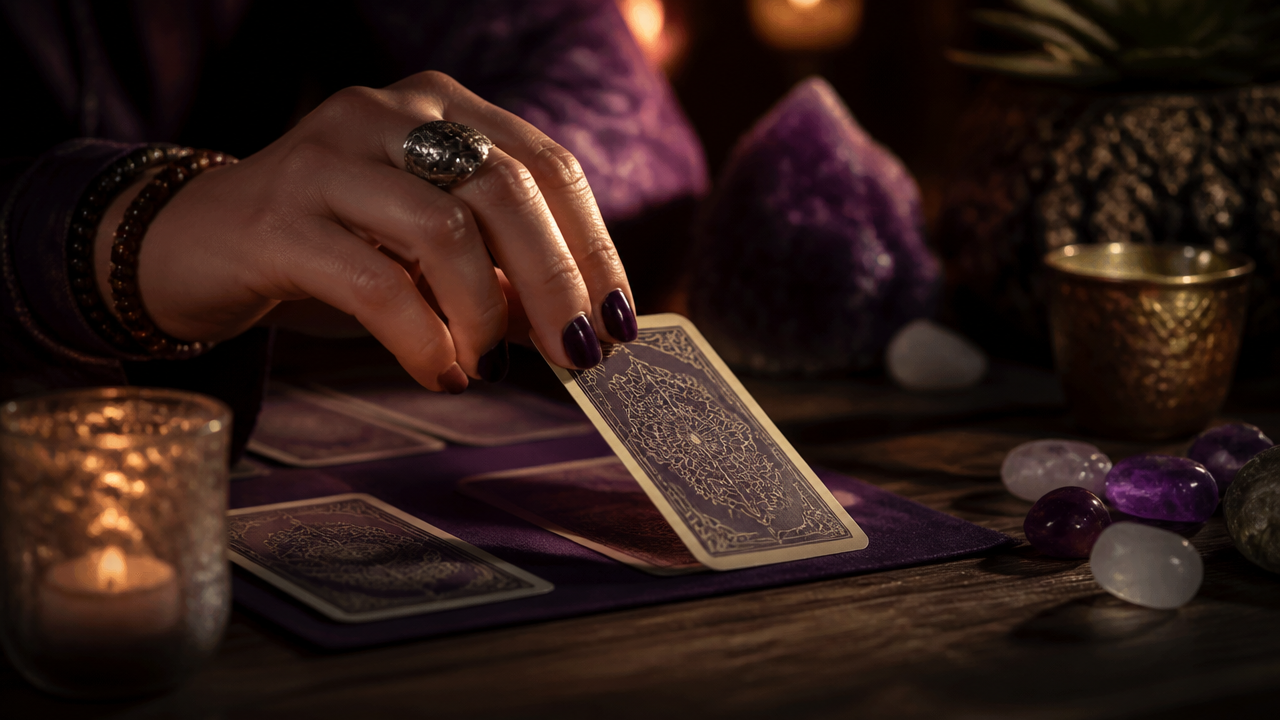 Mão virando uma carta de tarot sobre uma mesa de madeira durante uma leitura