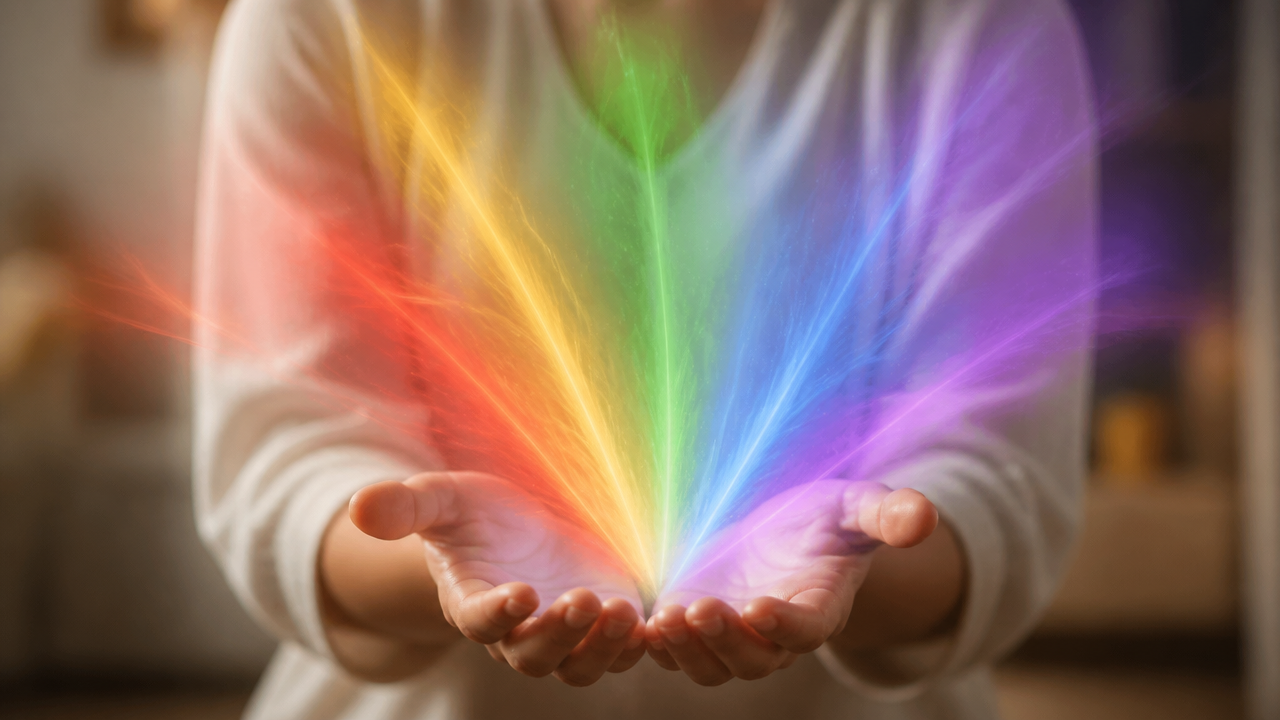 Mãos abertas com luzes coloridas suaves, representando os diferentes tons associados à aura