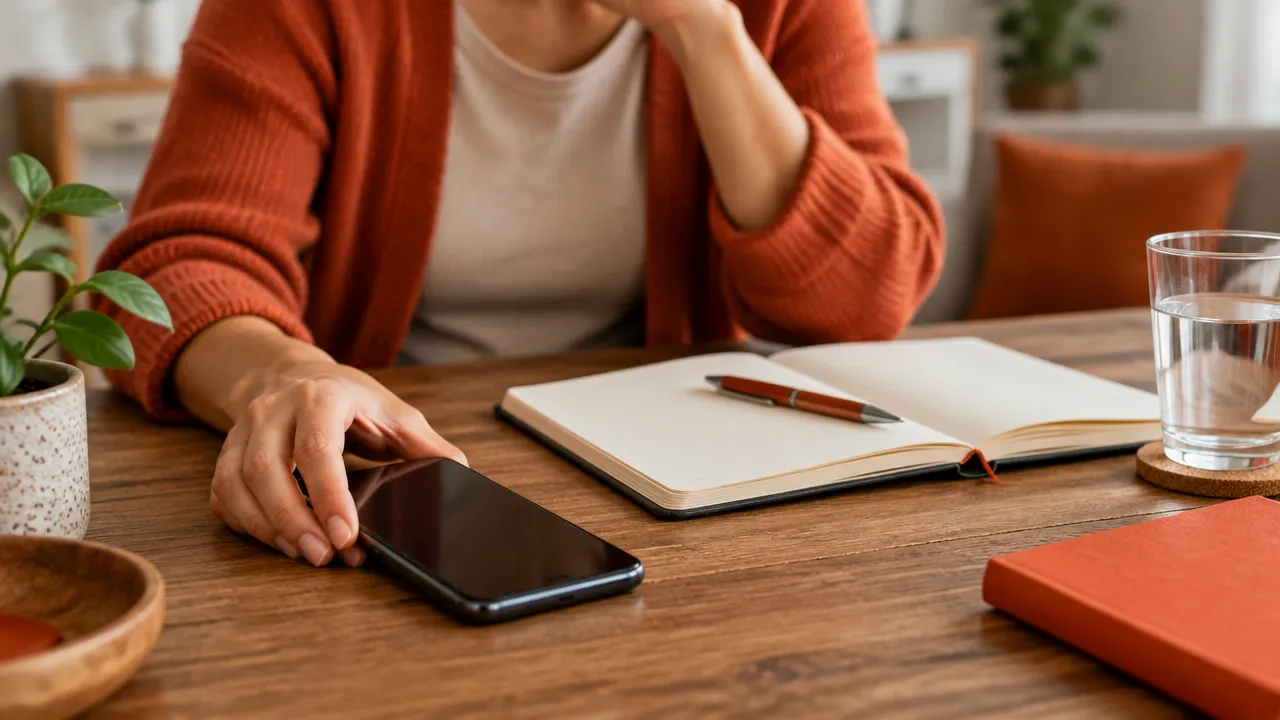 Mãos afastam o celular e fazem uma pausa antes de concluir uma compra, com caderno de orçamento ao lado.