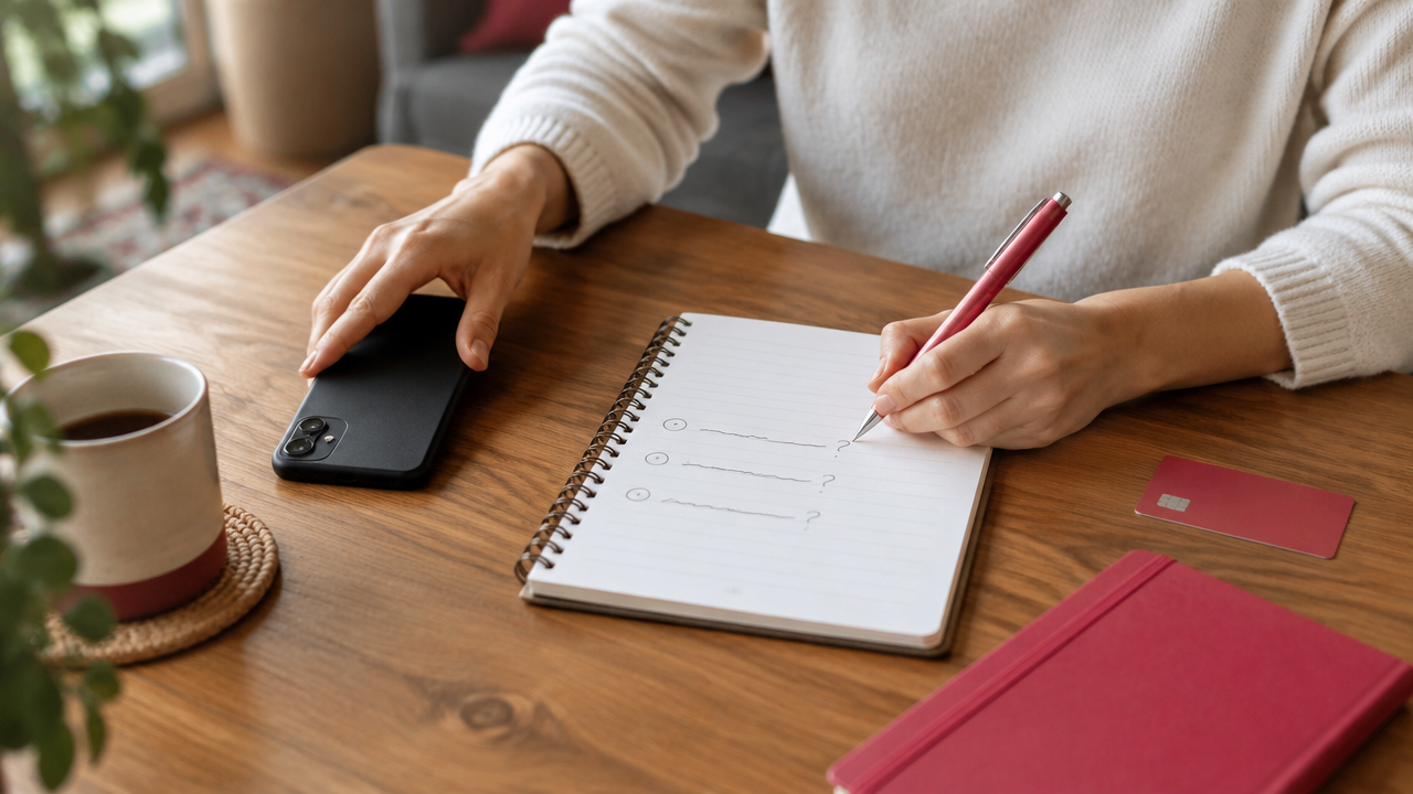 Mãos afastando o celular e anotando perguntas em um caderno antes de uma decisão financeira