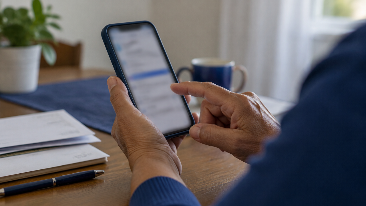 Mãos analisam com cautela uma mensagem suspeita no celular antes de abrir um possível link falso