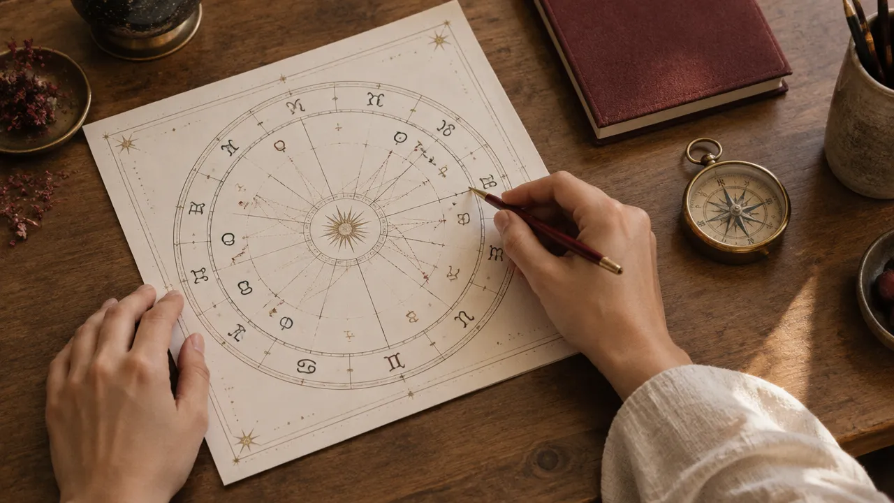 Mãos analisam simbolicamente um mapa astrológico circular sobre uma mesa de madeira