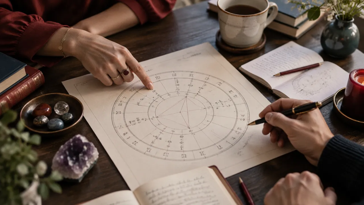 Mãos analisam um mapa natal impresso sobre uma mesa durante uma leitura astrológica reflexiva.