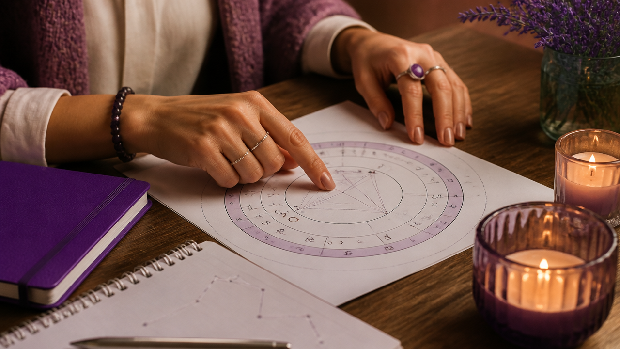 Mãos analisando um gráfico de mapa astral com símbolos astrológicos e anotações.